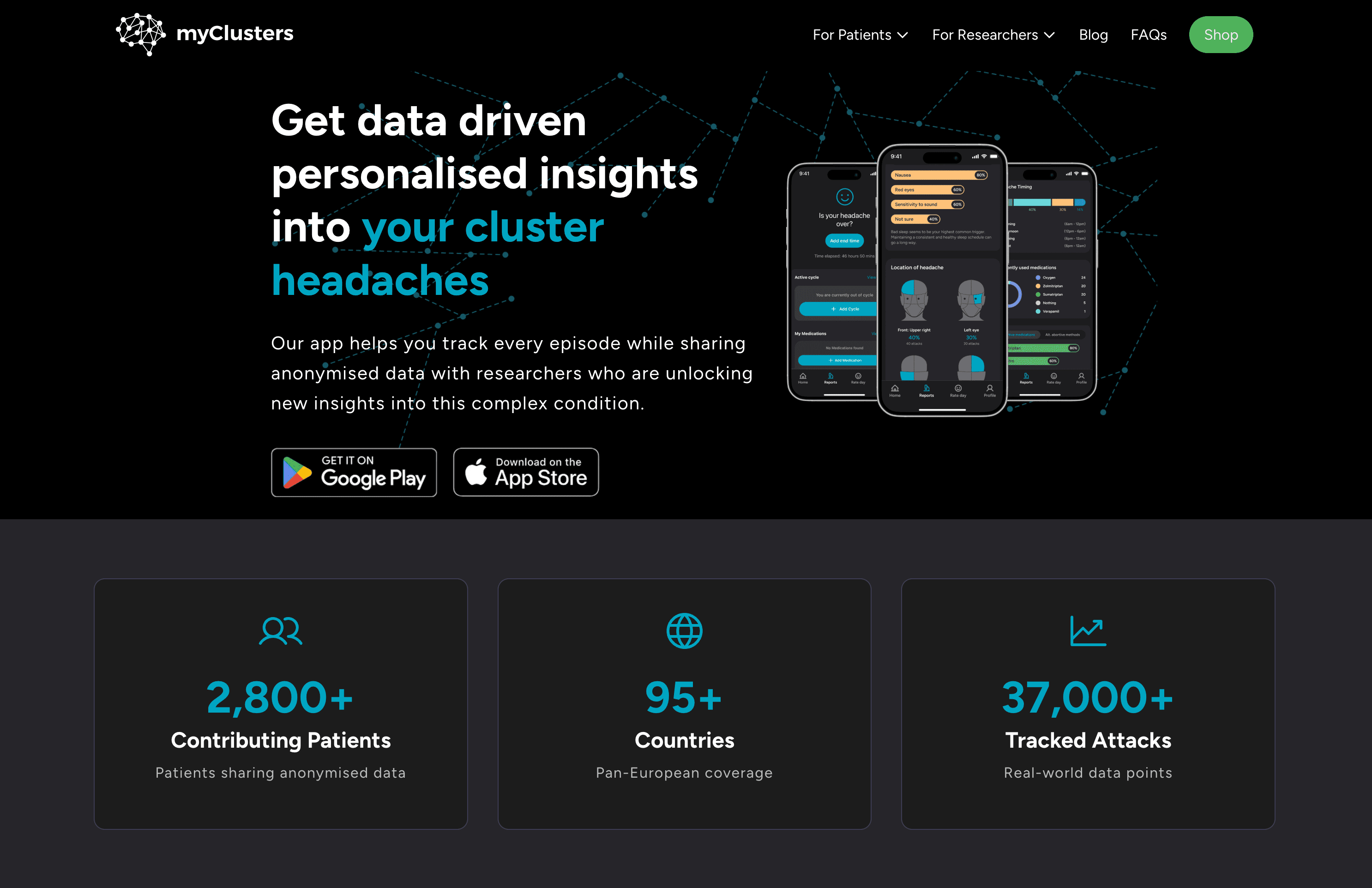 A React Native mobile app for tracking cluster headaches, treatments, and related health signals (sleep, weather, workouts). Cross-platform (iOS/Android) with a Django REST backend.